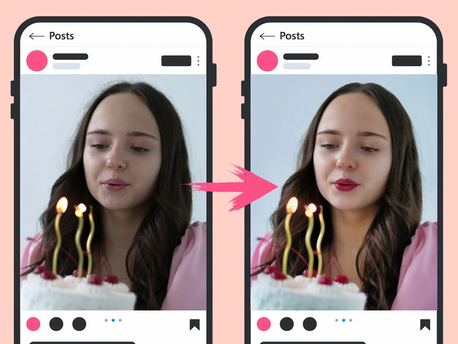 Before and after mobile phone UI on social media platform showing portrait before and after touch up tab has been applied