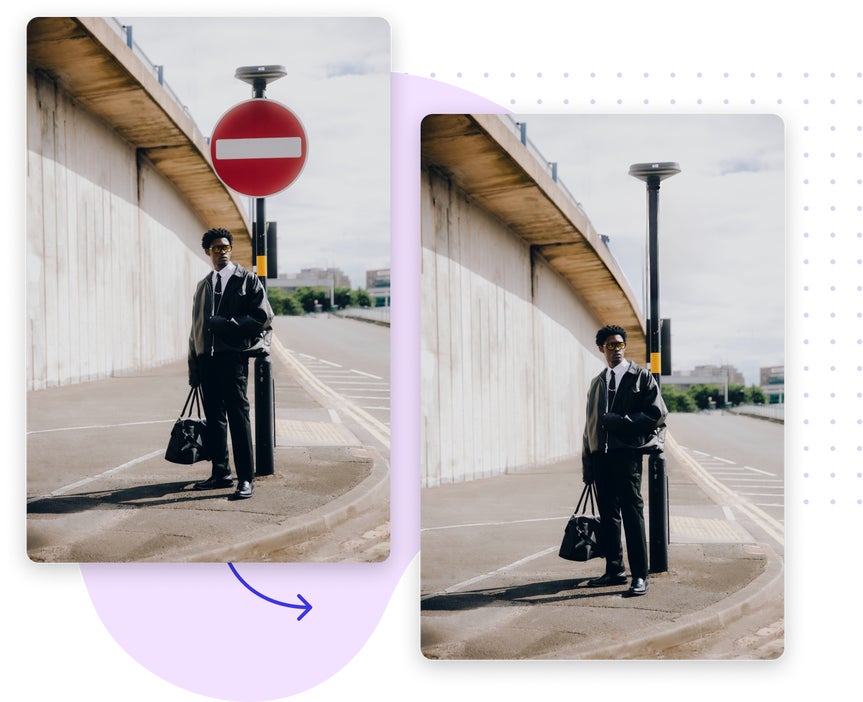 Before and after images of a man on a sidewalk with a no entry sign removed using object remover.