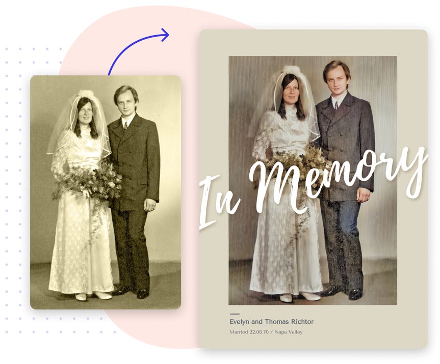 Restored old wedding photo used in a memorial graphic design project with ai photo restorer