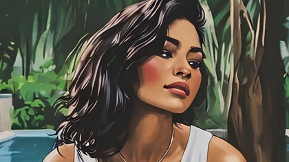 A retro-inspired cartoon-style portrait of a woman sitting by a pool, created using BeFunky's Vintage Comic effect.