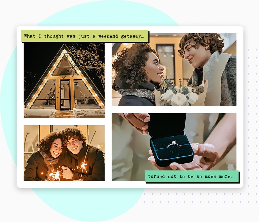 A romantic proposal collage with a cozy cabin, couple moments, sparklers, and an engagement ring.