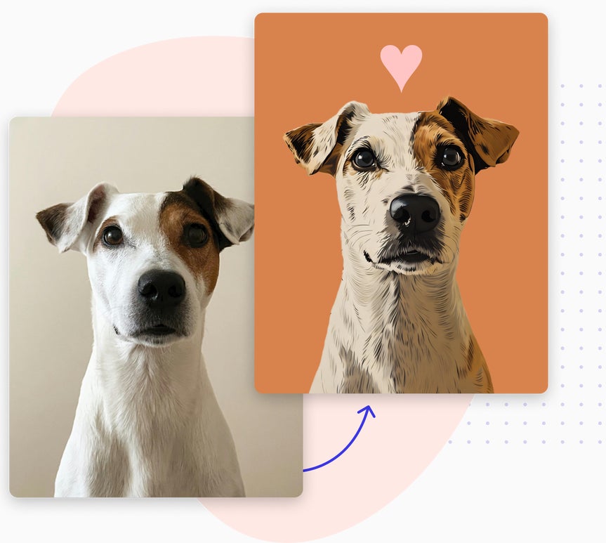 Side-by-side comparison of a dog portrait, original photo on the left and cartoon-style version on the right.