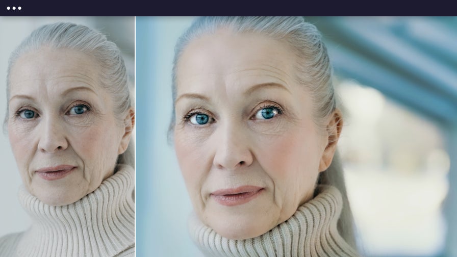 Older woman in a white turtleneck before and after AI portrait enhancer smooths wrinkles and brightens her eyes