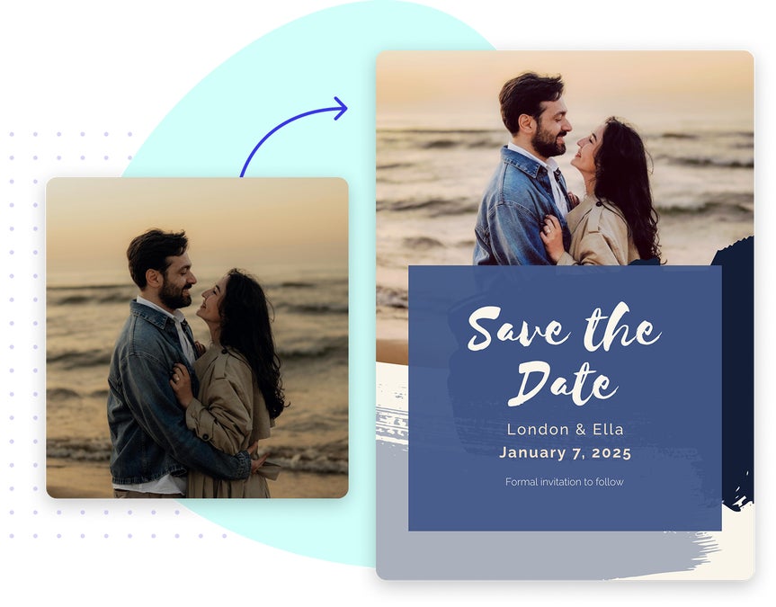 Engagement photo upgraded using AI portrait enhancer for use in a save the date design