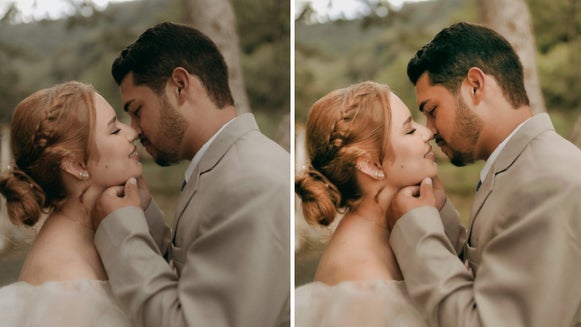 Bride and groom sharing a kiss, with AI portrait enhancer used to soften skin and boost image clarity