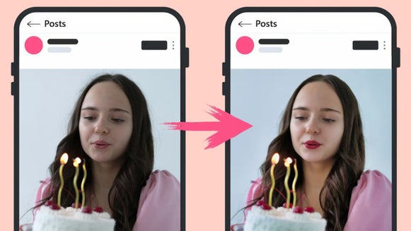 Social media post showing a woman with a birthday cake, before and after AI portrait enhancer brightens her face and adds contrast