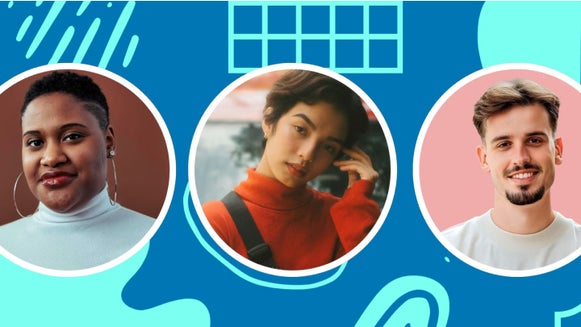 Three circular portraits set against a bright blue graphic layout