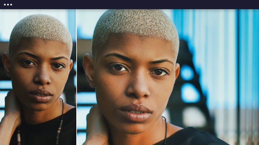 Before and after of a woman with a buzz cut, with AI portrait enhancer used to boost contrast and detail in skin and background