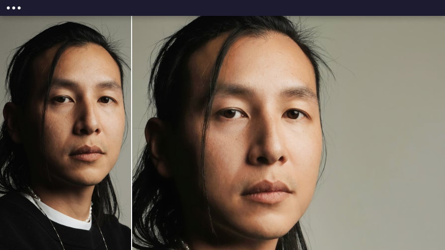 Two photos of a man with long hair, with AI portrait enhancer applied on the right to soften skin and add lighting