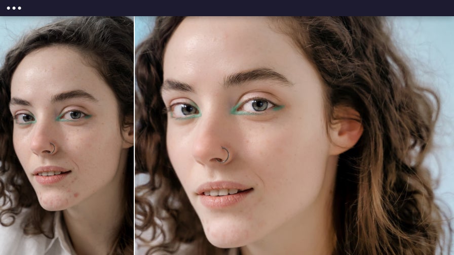 Side-by-side image of a young woman with curly hair, with the right side enhanced by AI portrait enhancer for brighter eyes and smoother skin